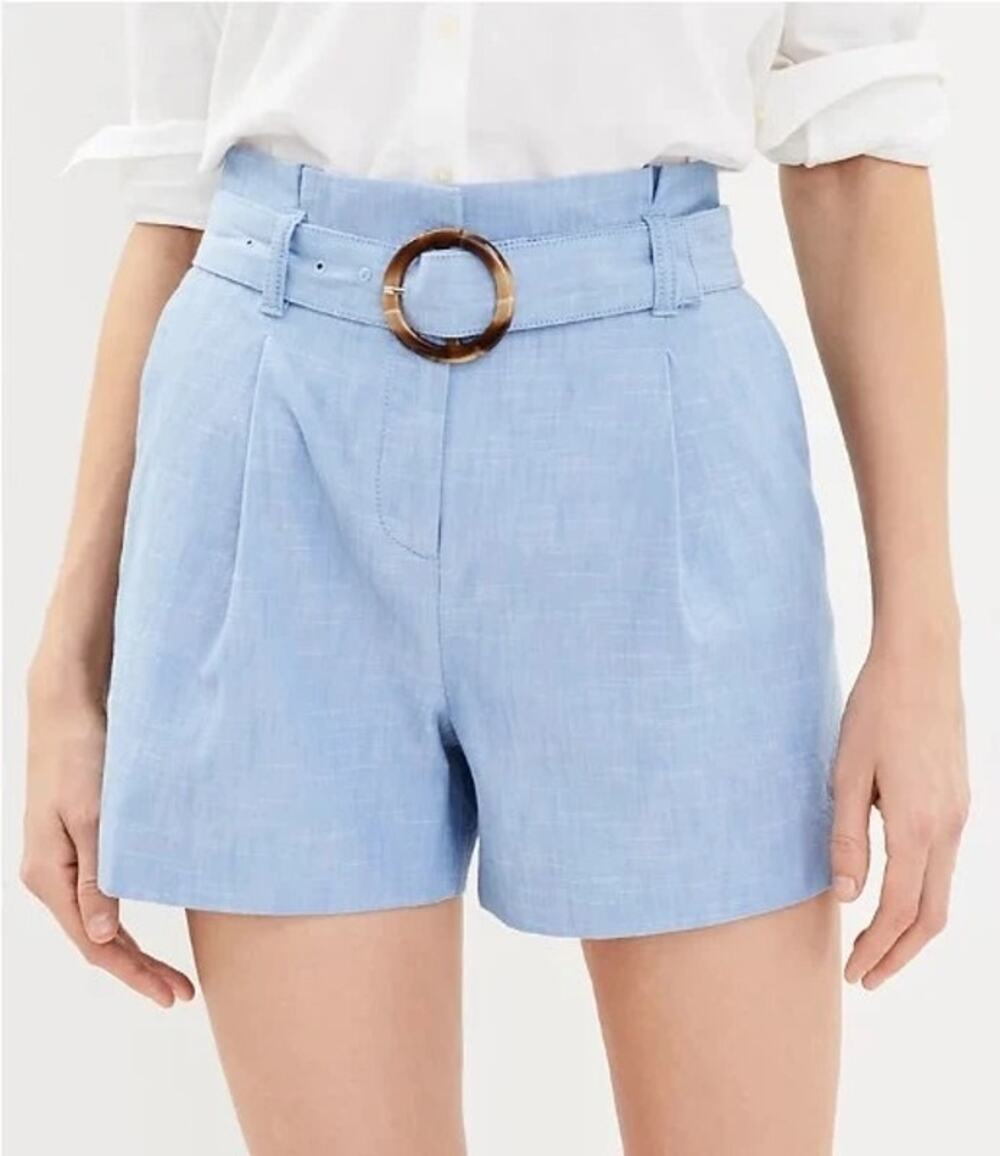 LOFT Light Blue Chambray Cotton Belted Shorts